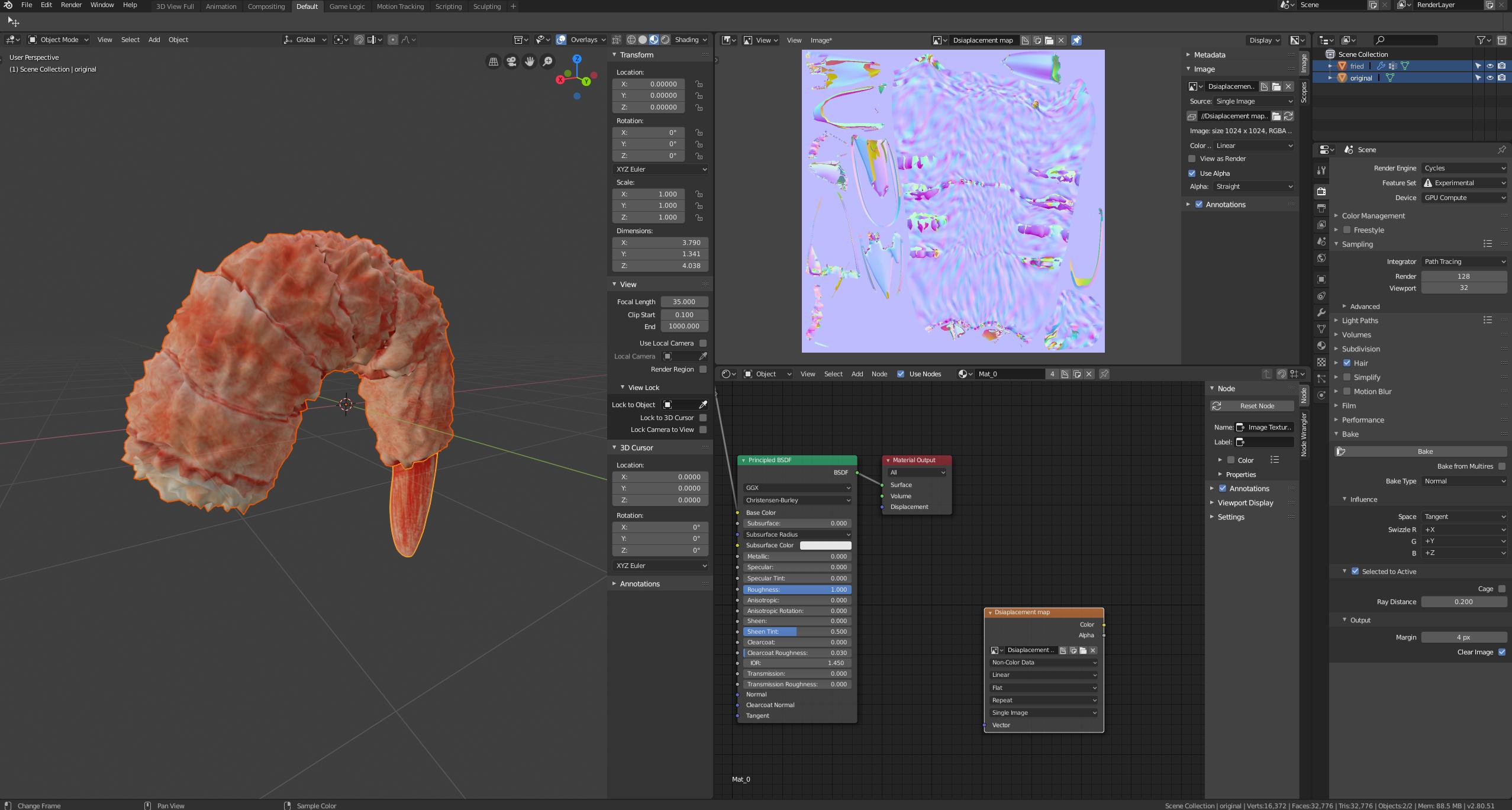 Baking a displacement map with Blender 2.8 and Cycles? Materials and