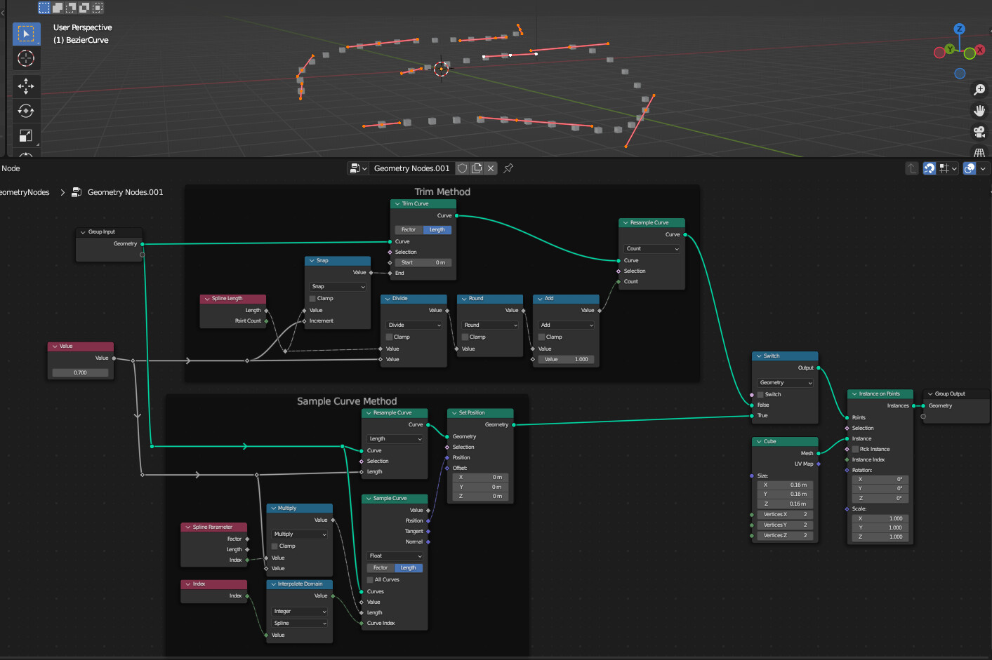 Instancing an object through a curve with fixed distance between each