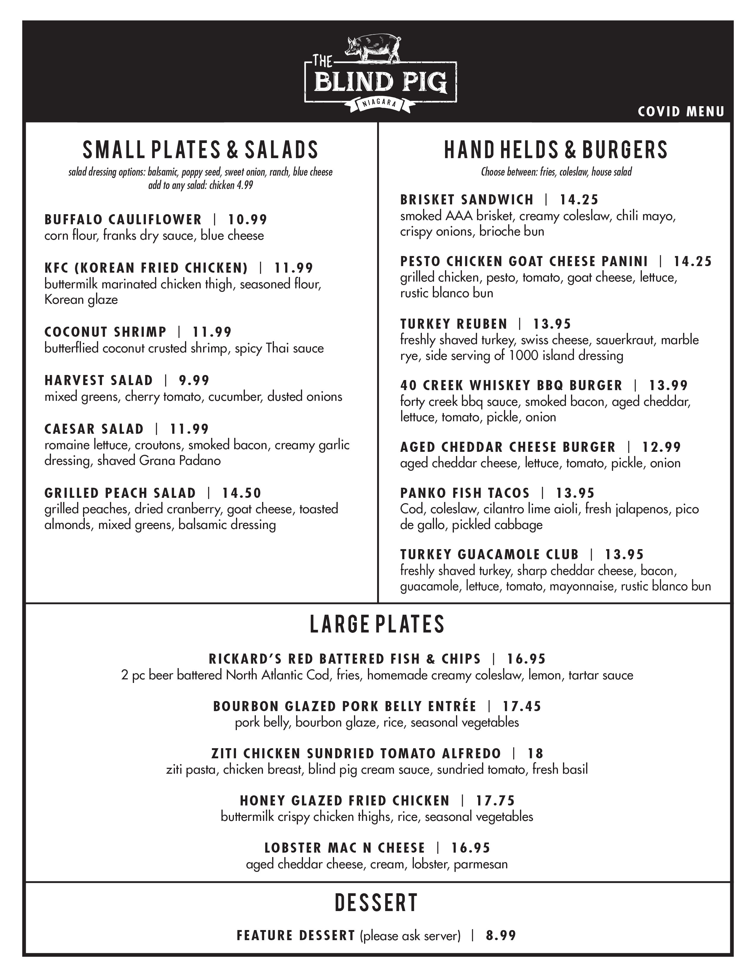 Menu Blind Pig Niagara, Niagara Falls, Ontario