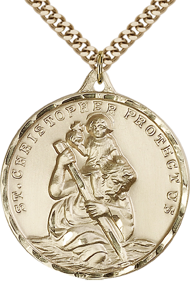 Saint Christopher Medal For Men Gold Filled Necklace On 24" Chain