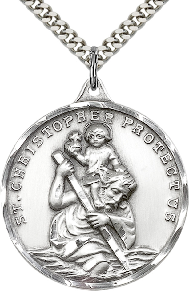 Large Saint Christopher Medal For Men 925 Sterling Silver Necklace 24