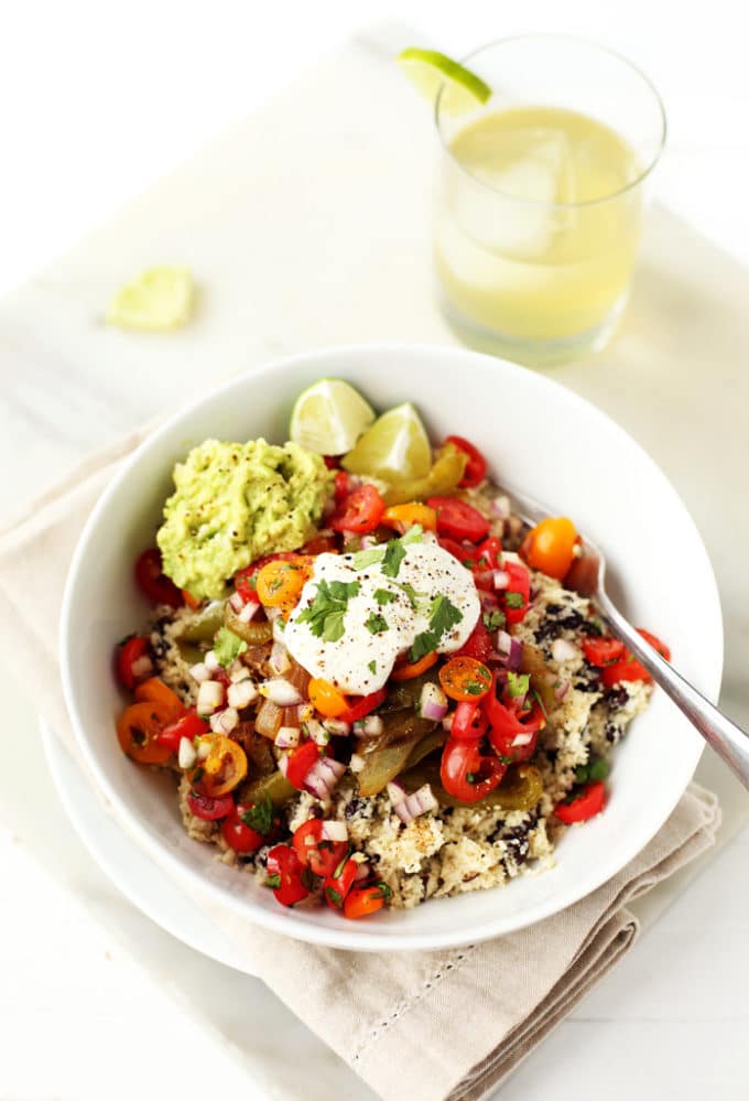 Vegetable Burrito Bowls with Cauliflower Rice & Sunflower Sour Cream