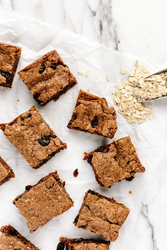 Vegan + GlutenFree Oatmeal Raisin Cookie Bars