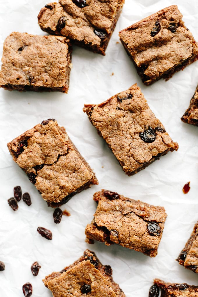 Vegan + GlutenFree Oatmeal Raisin Cookie Bars
