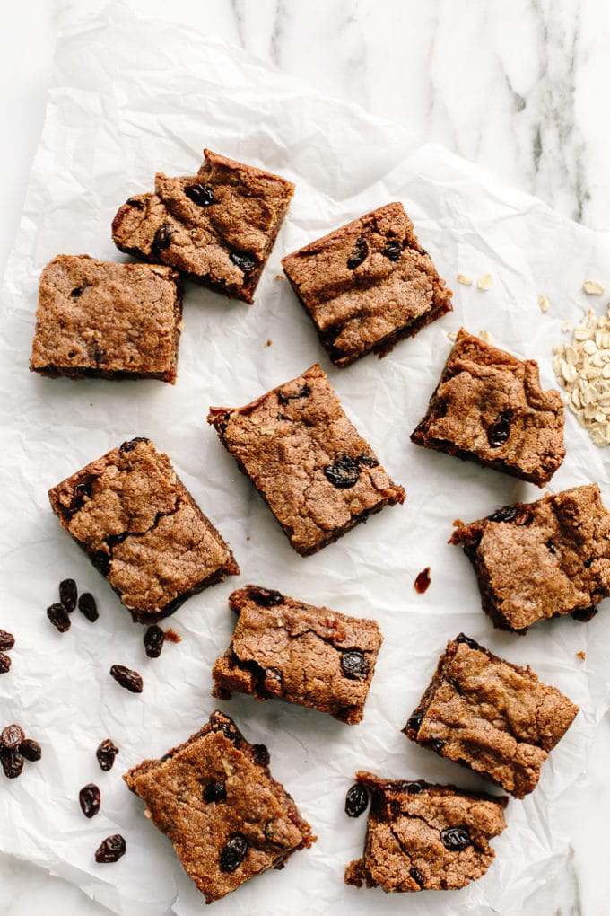 Vegan + GlutenFree Oatmeal Raisin Cookie Bars