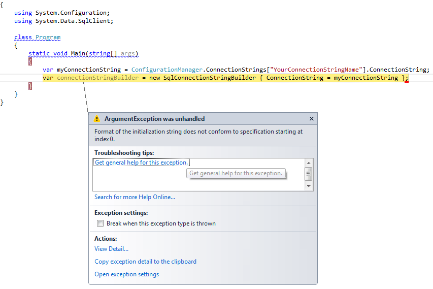 How to get SQL Connection String from App.Config / .Config using C