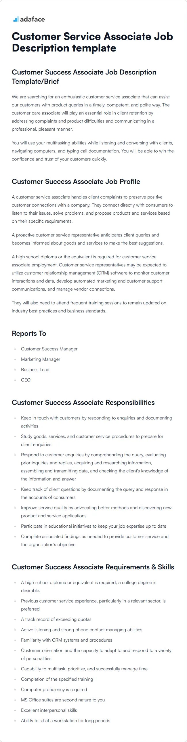 Customer Service Associate Job Description Template Adaface