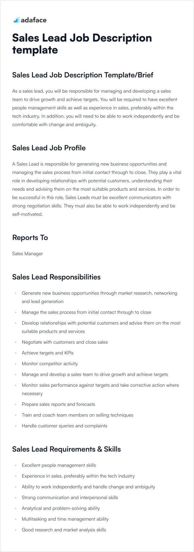 Sales Lead Job Description Template Adaface