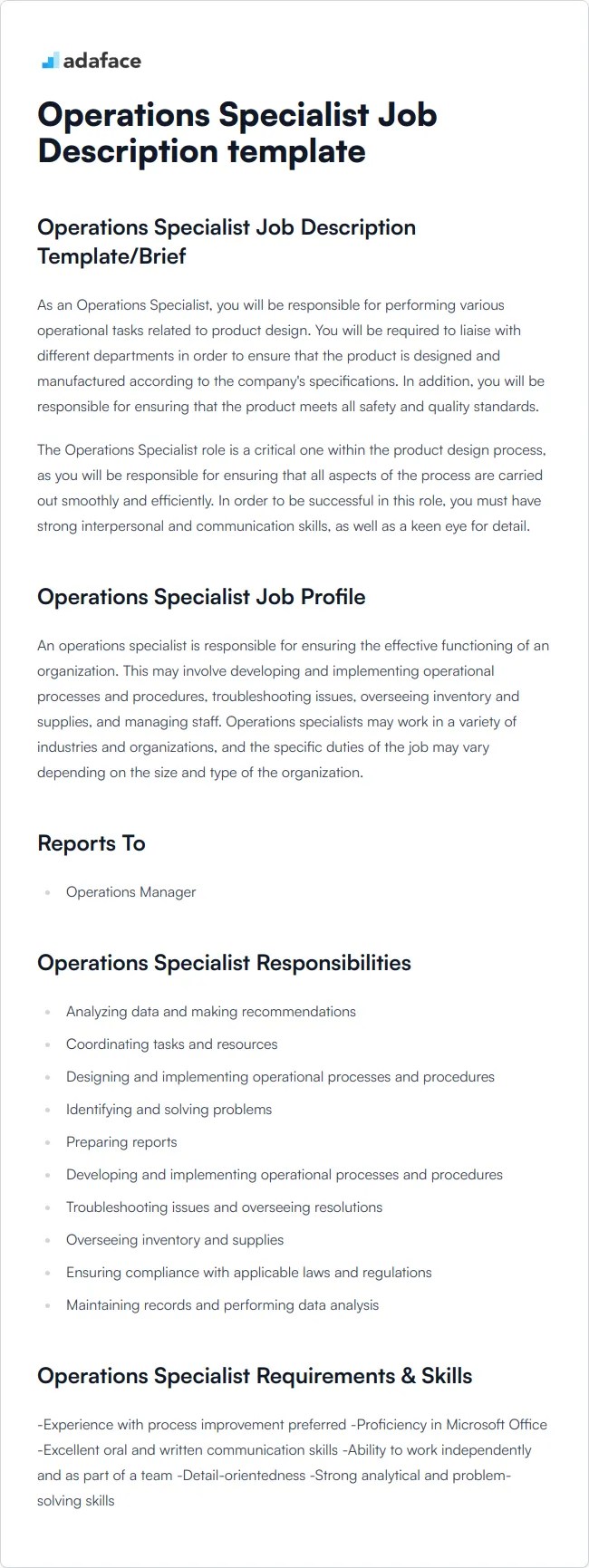 Operations Specialist Job Description Template Adaface