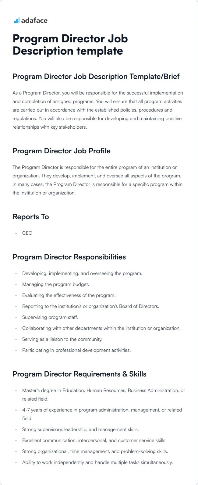 Program Director Job Description Template Adaface
