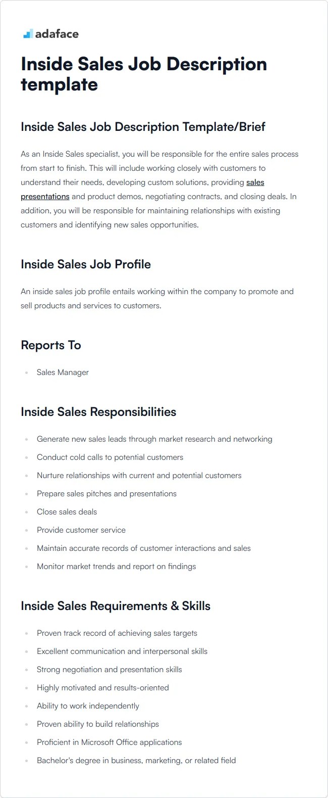 Inside Sales Job Description Template Adaface