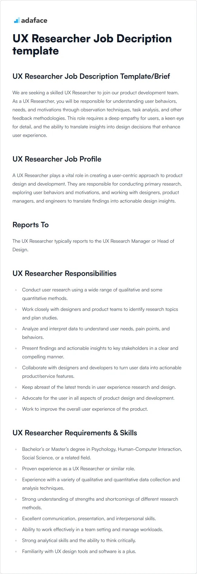 UX Researcher Job Description Template Adaface