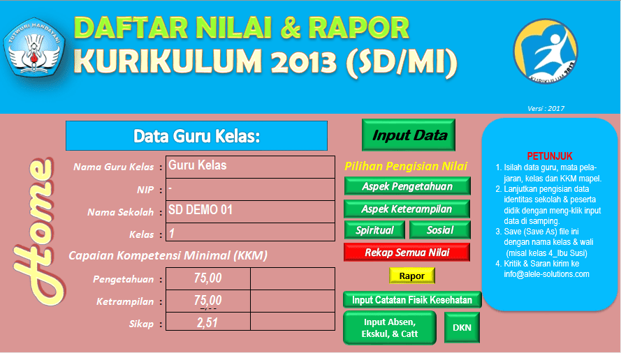 Aplikasi Rapor Kurikulum 2013 SD/MI v.2017 (Excel