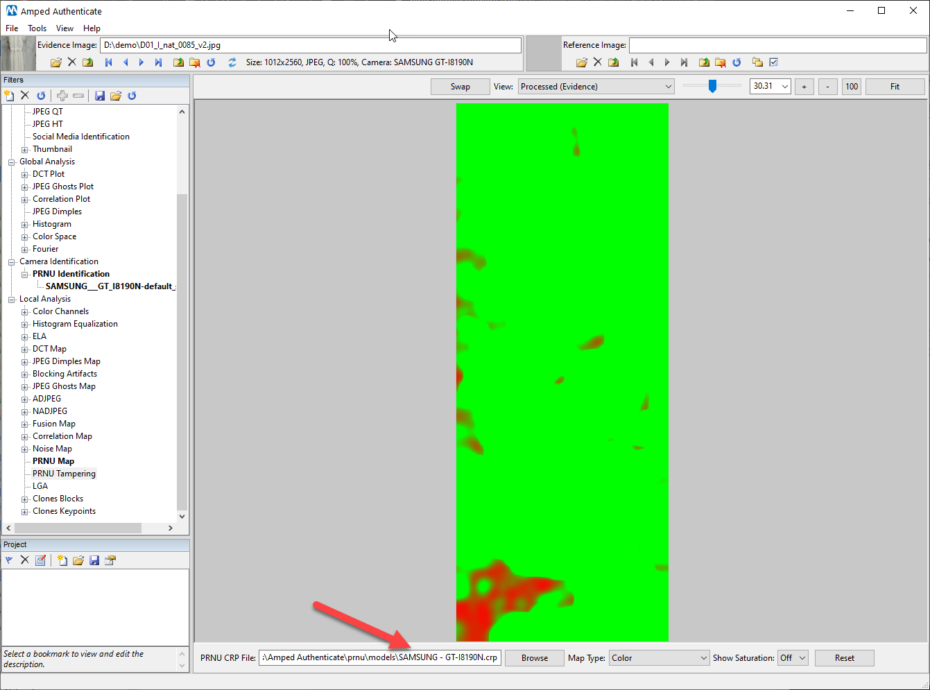 Amped Authenticate's PRNU Tampering Filter
