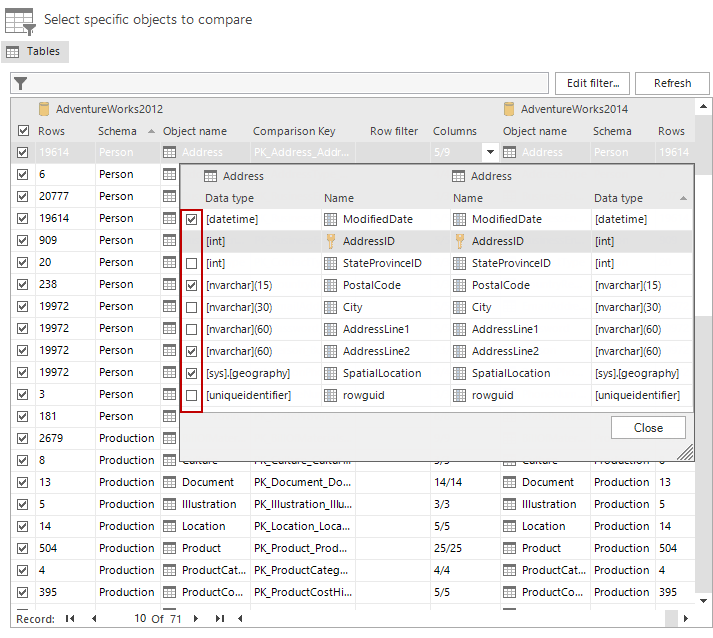 SQL Server data comparison customized for performance vertical