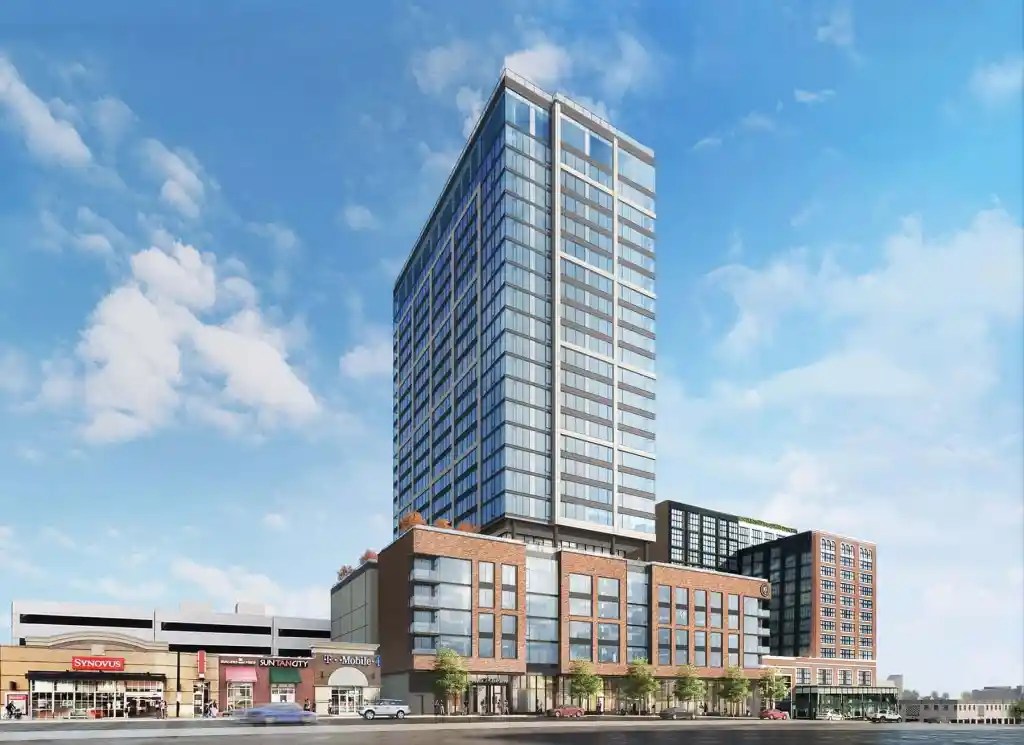 Exterior of luxury high rise apartment building in Nashville