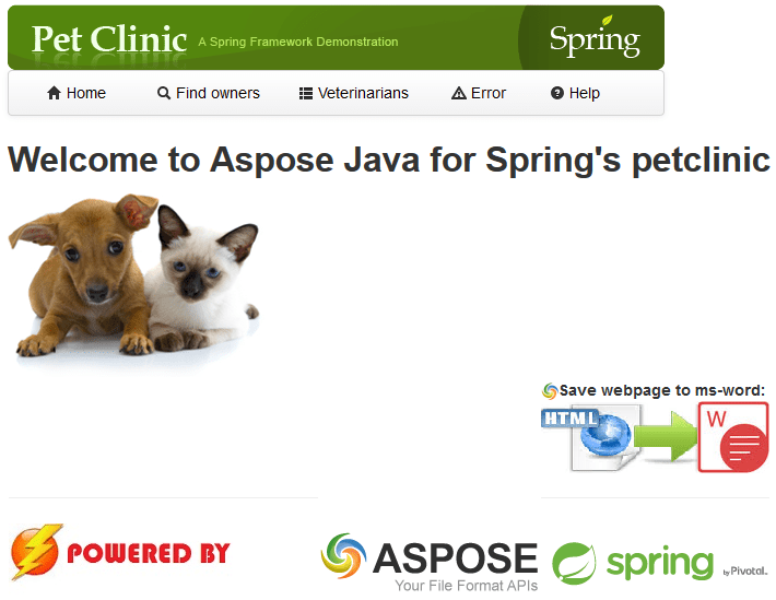 Aspose Java for Spring v1.1 Spring's PetClinic Sample  Application