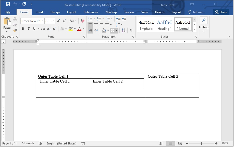 Create Table in Word using C Create Nested Tables in C