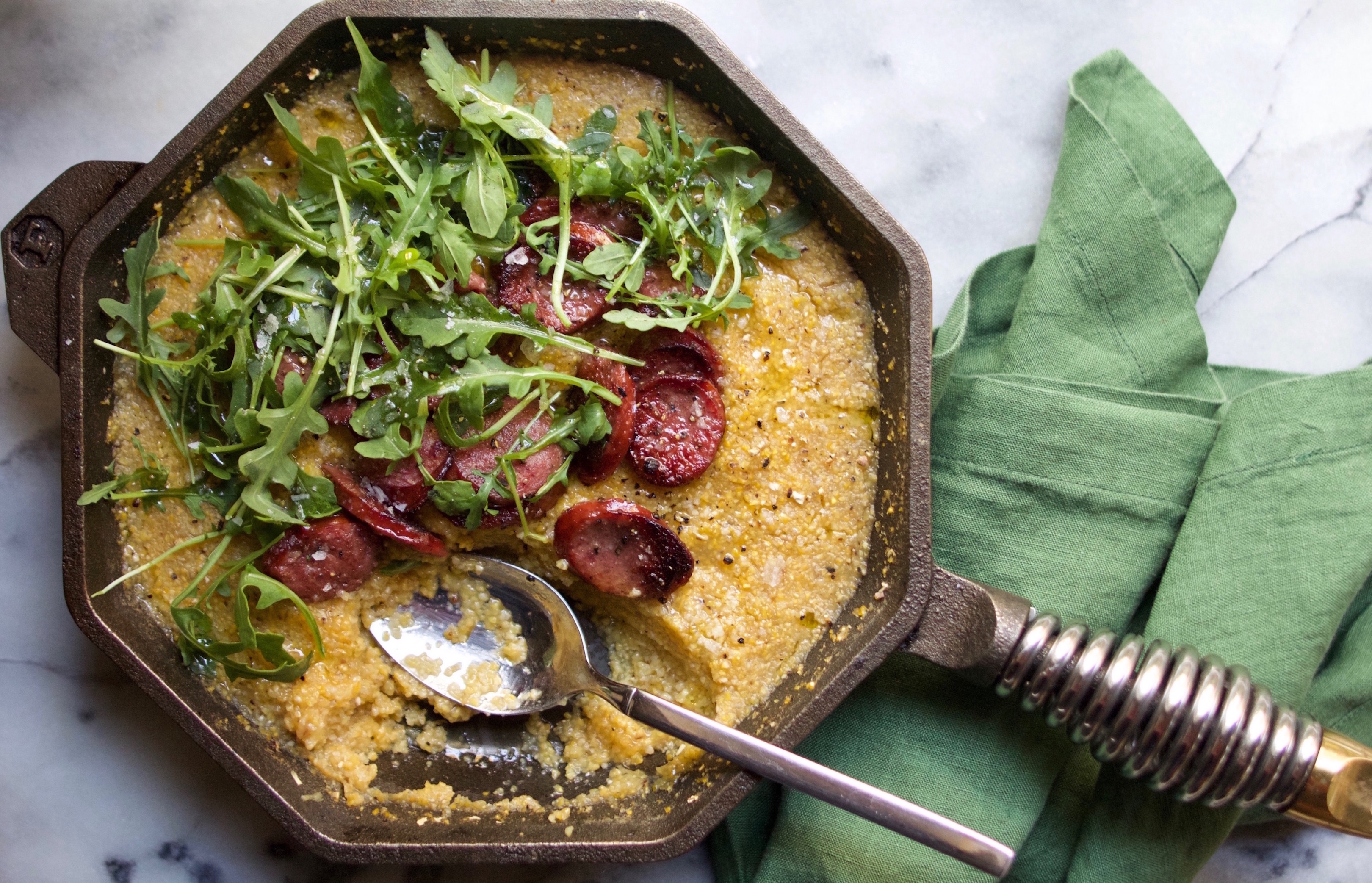 Savory Grits with Sausage and Arugula Bare Bones