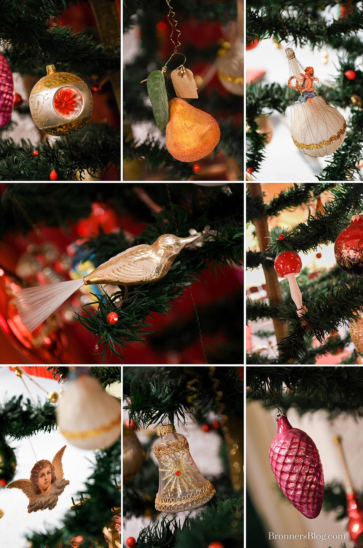 A collection of vintage Christmas ornaments decorate the feather tree in Bronner's program center.