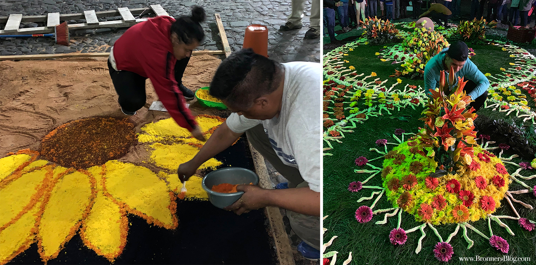 Left: A sunflower carpet being created on the streets of Antigua for the Holy Week celebration, Santa Semana. Right: Putting the finishing touches on an alfombras made from flowers and dyed grasses. 