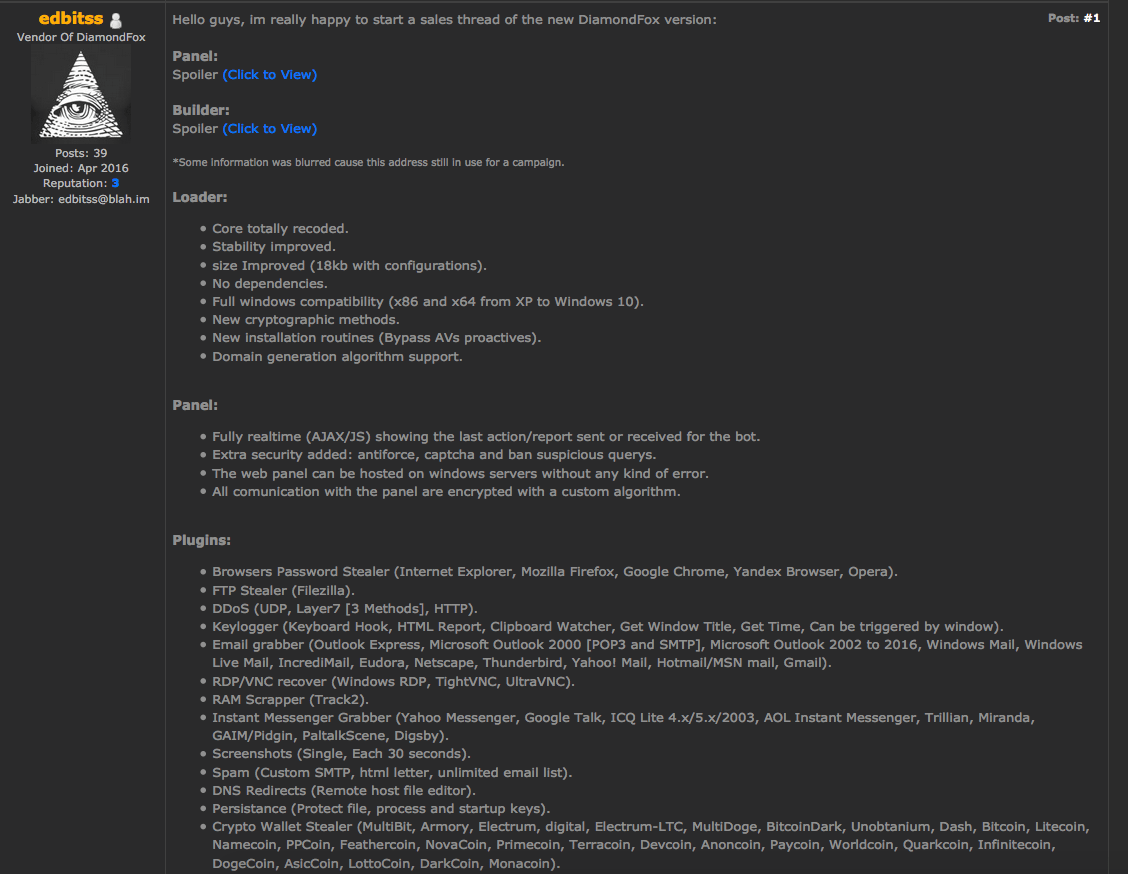 DiamondFox modular malware – a one-stop shop - Check Point Blog