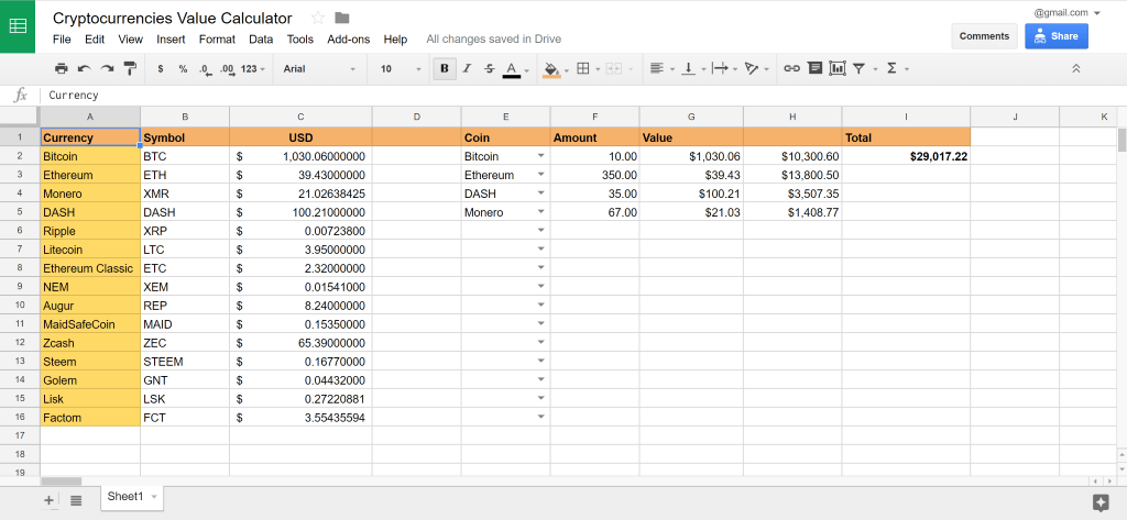 Live Updated Cryptocurrency Investment Tracking Spreadsheet