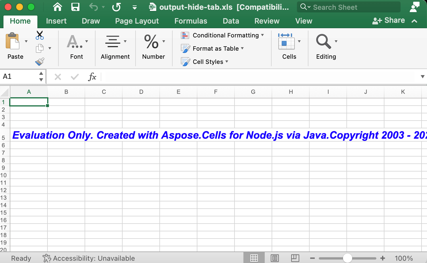 Unhide Sheets in Excel using Node.js