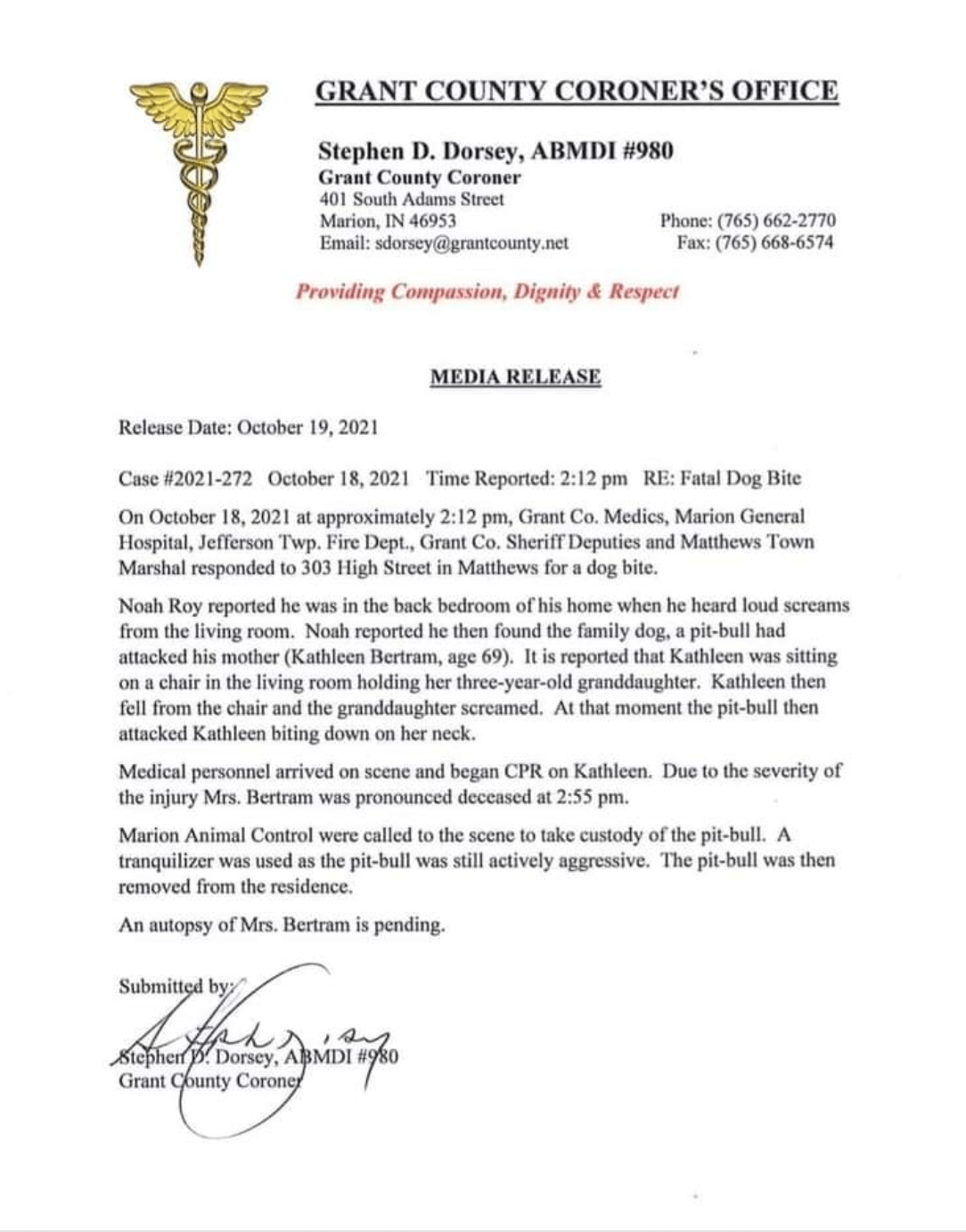 2021 Dog Bite Fatality Grandmother Bitten in the Throat, Killed by