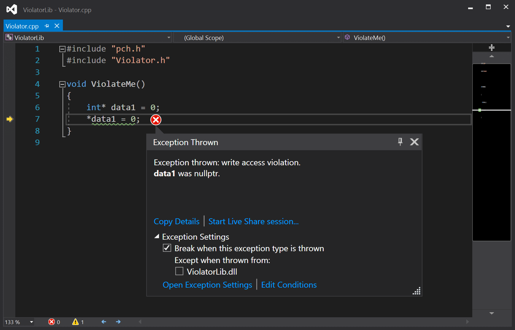 Debugging access violation exception