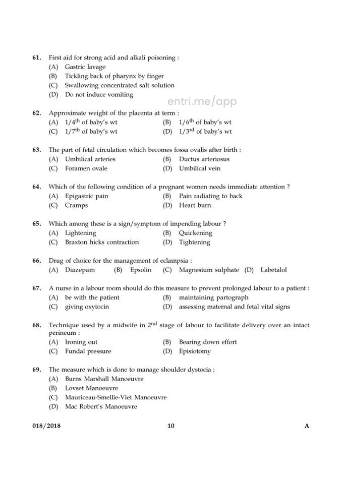 Kerala PSC Staff Nurse Question Paper and Answer Key