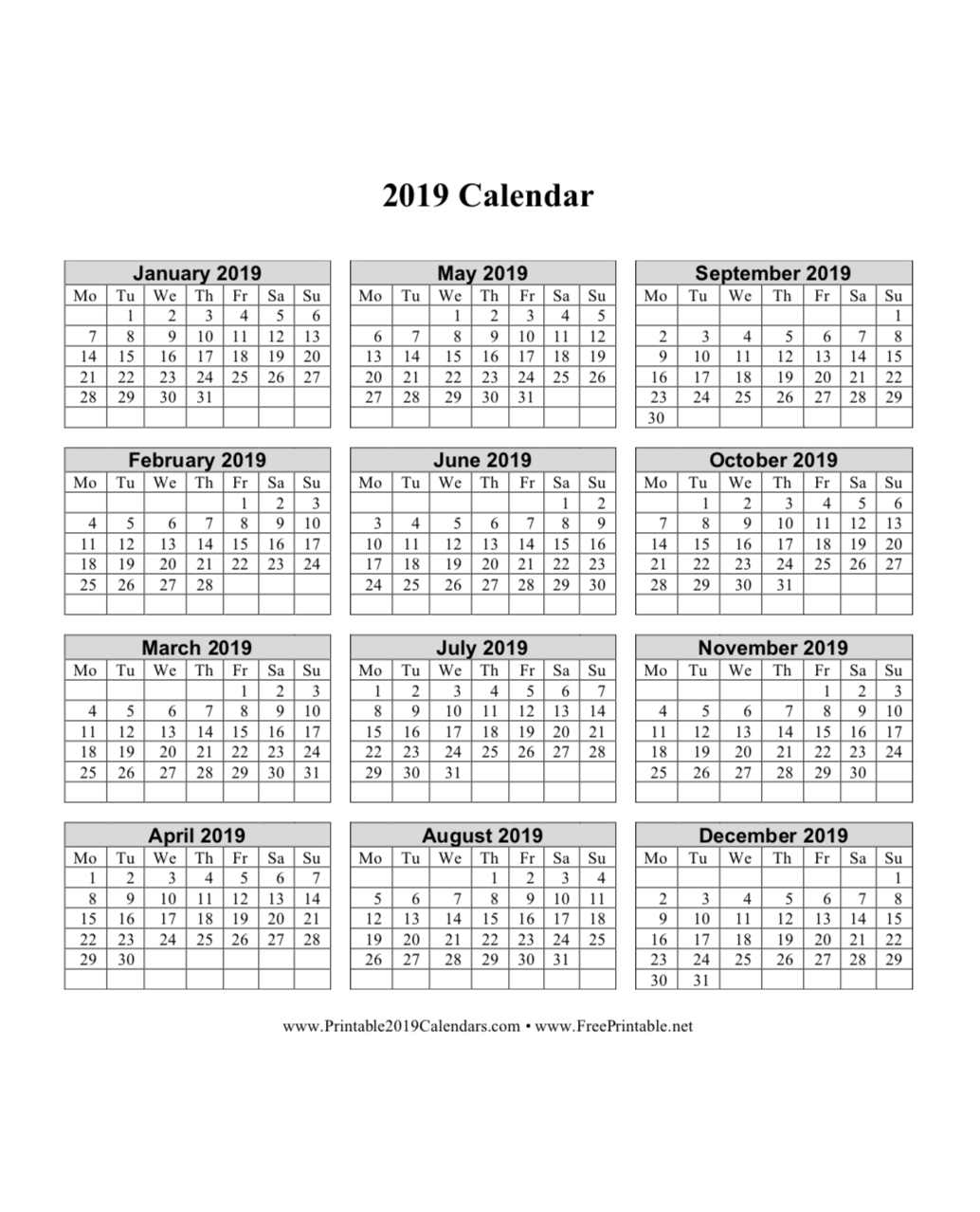 Free Printable 2019 Calendars