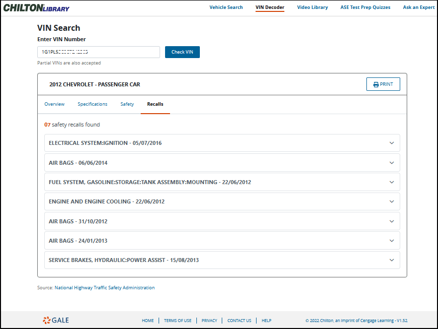 Check for Recalls with ChiltonLibrary Gale Blog Library & Educator