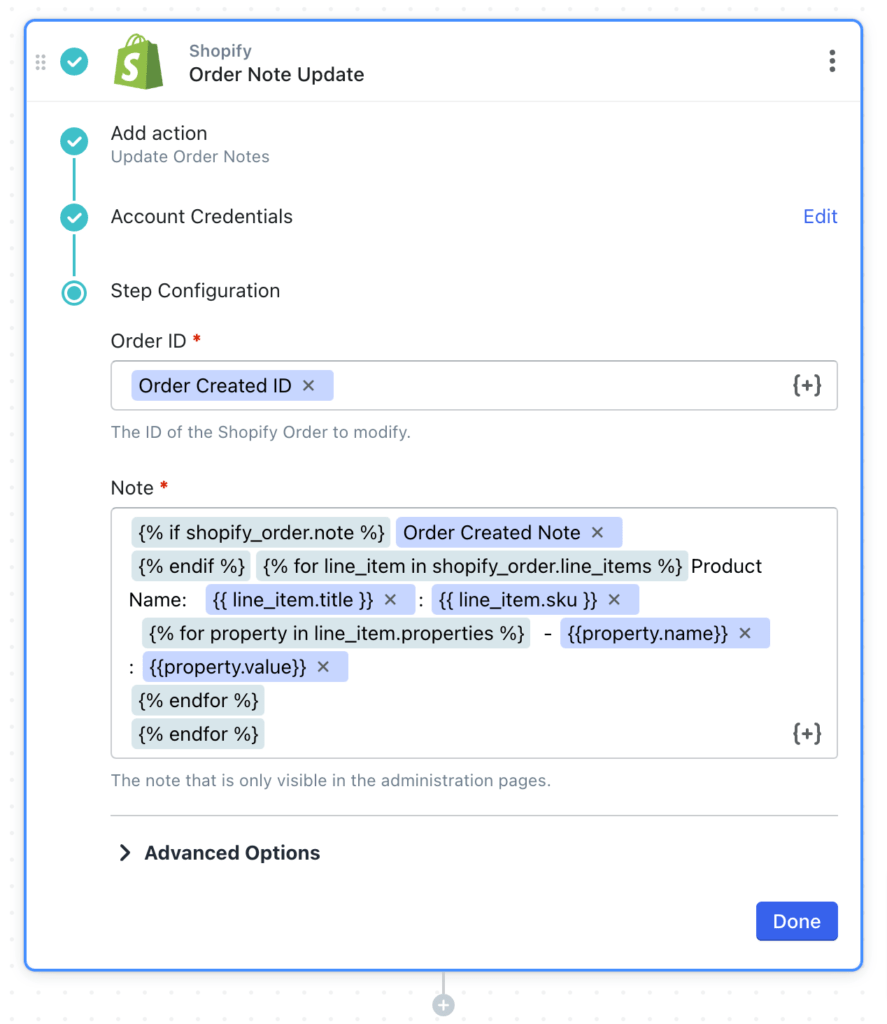 How to connect product options to Shopify Order notes MESA