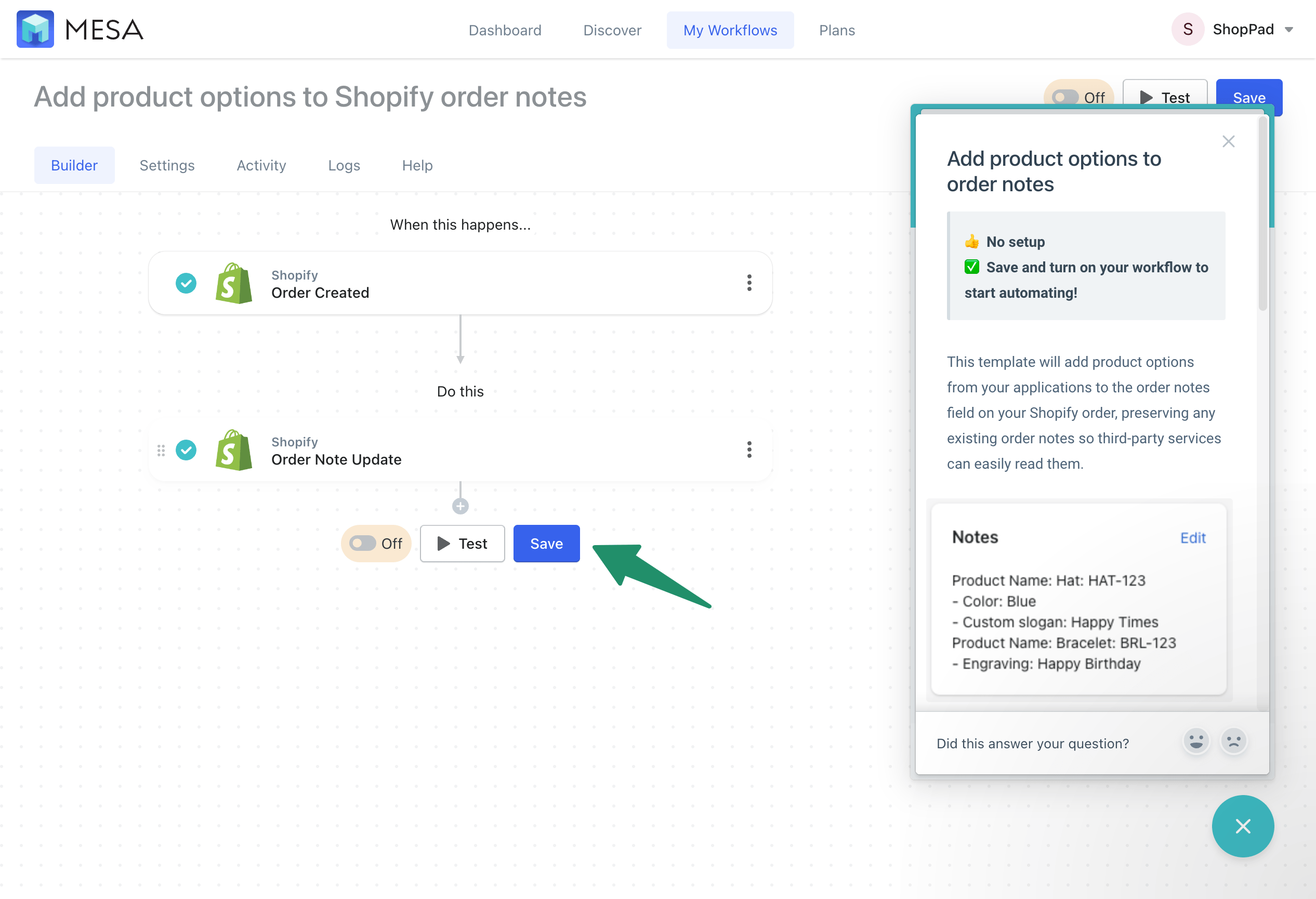 How to connect product options to Shopify Order notes MESA
