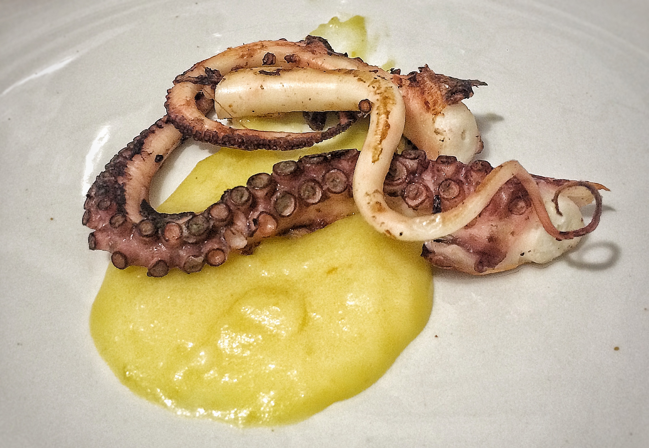 Polpo rosticciato su crema di patate Bacioepepe