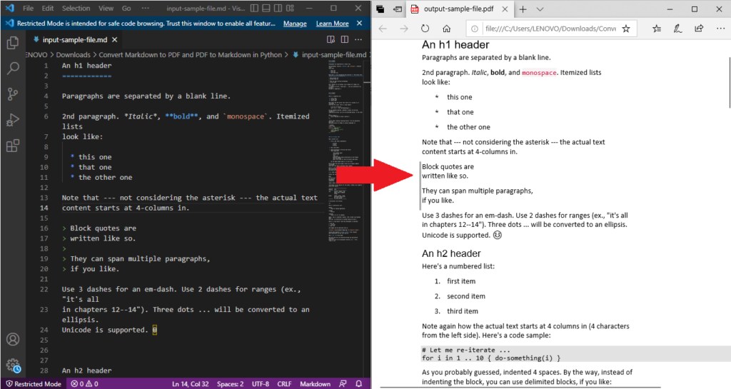Convert Markdown to PDF and PDF to Markdown in Python