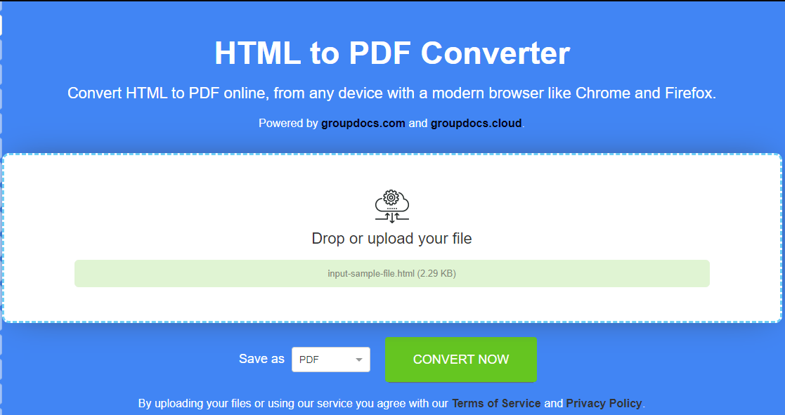 Online HTML to PDF converter for free.
