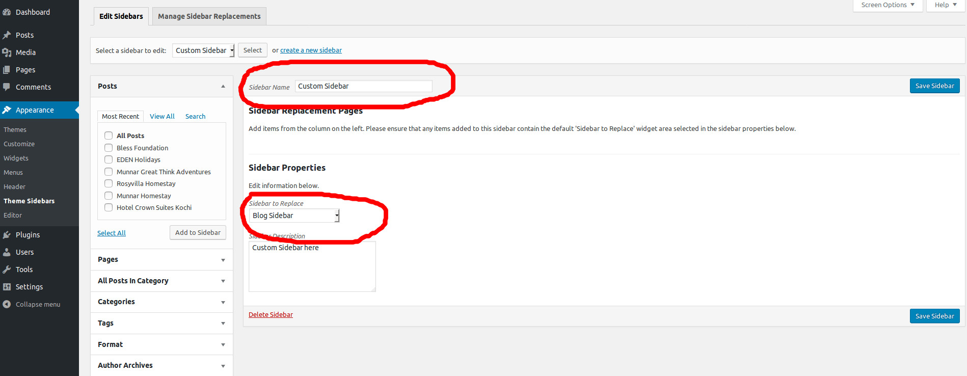 How to create different sidebars for each post in wordpress with a