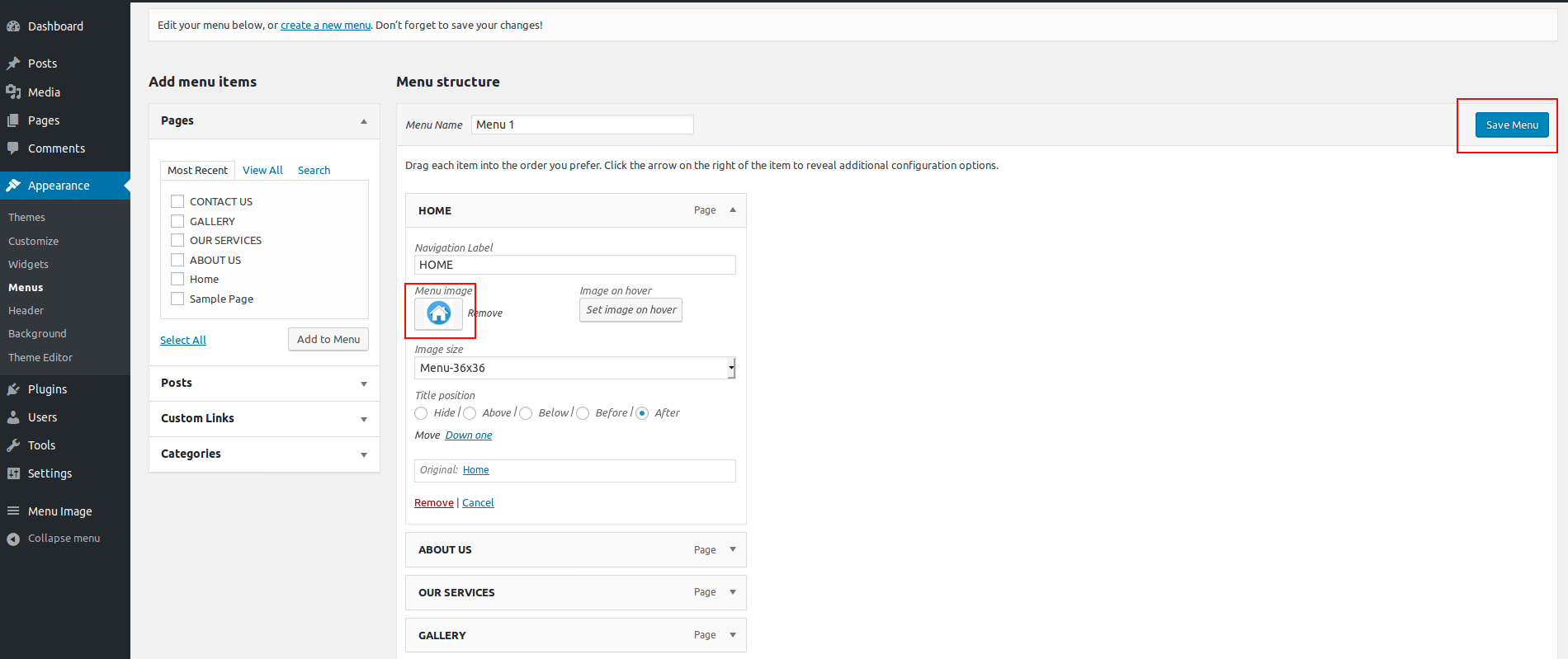 How to add an image in WordPress top menu using the plugin.