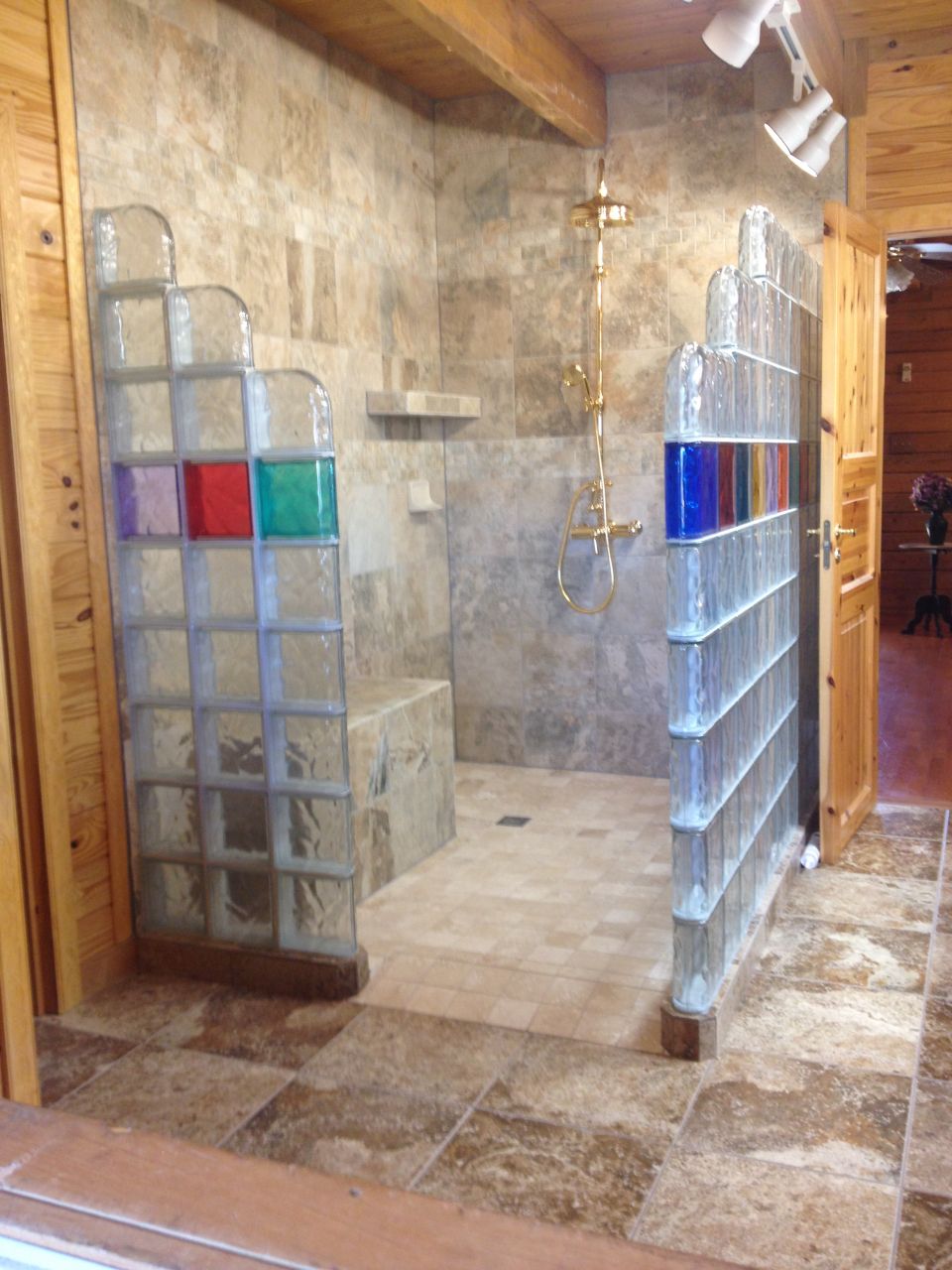Glass block shower in a rustic log home Collins Glass block shower in a rustic log home Collins