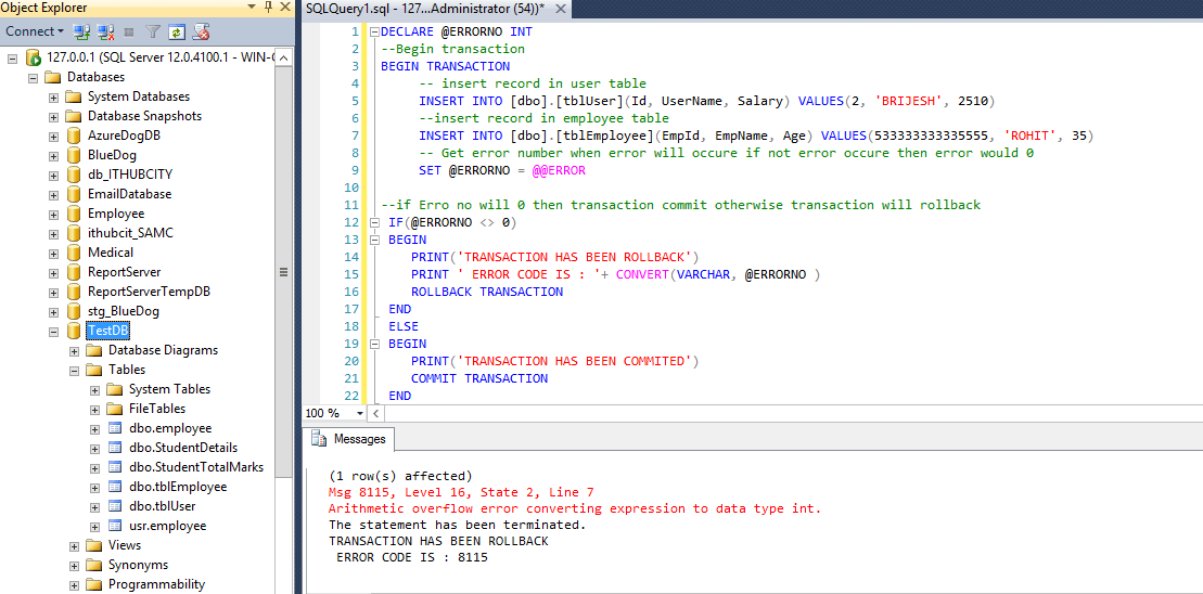 SQL Server Transaction Without TryCatch