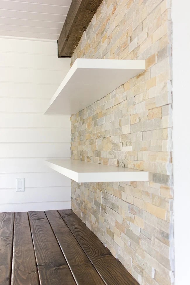 Kitchen Chronicles Stacked stone bar wall & DIY floating shelves
