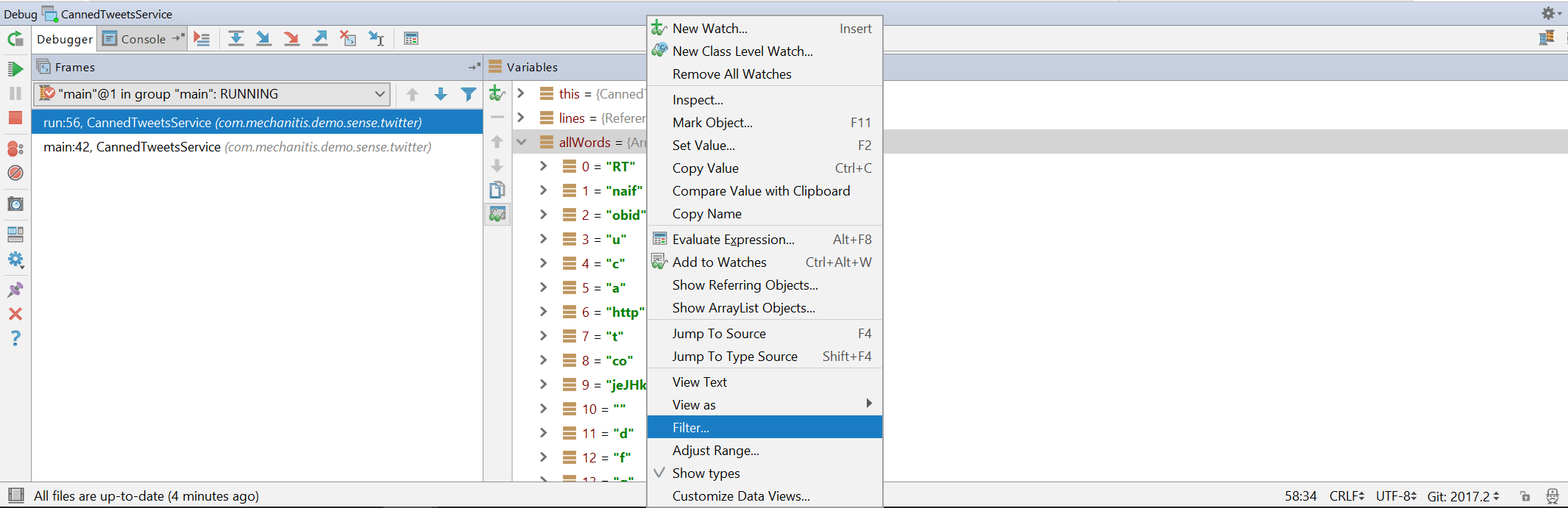 Debugger Filtering Arrays & Collections in IntelliJ IDEA 2017.2 The