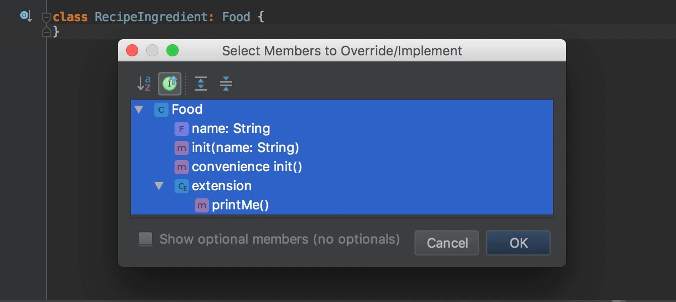 AppCode 2017.2 Extract Method refactoring and override/implement