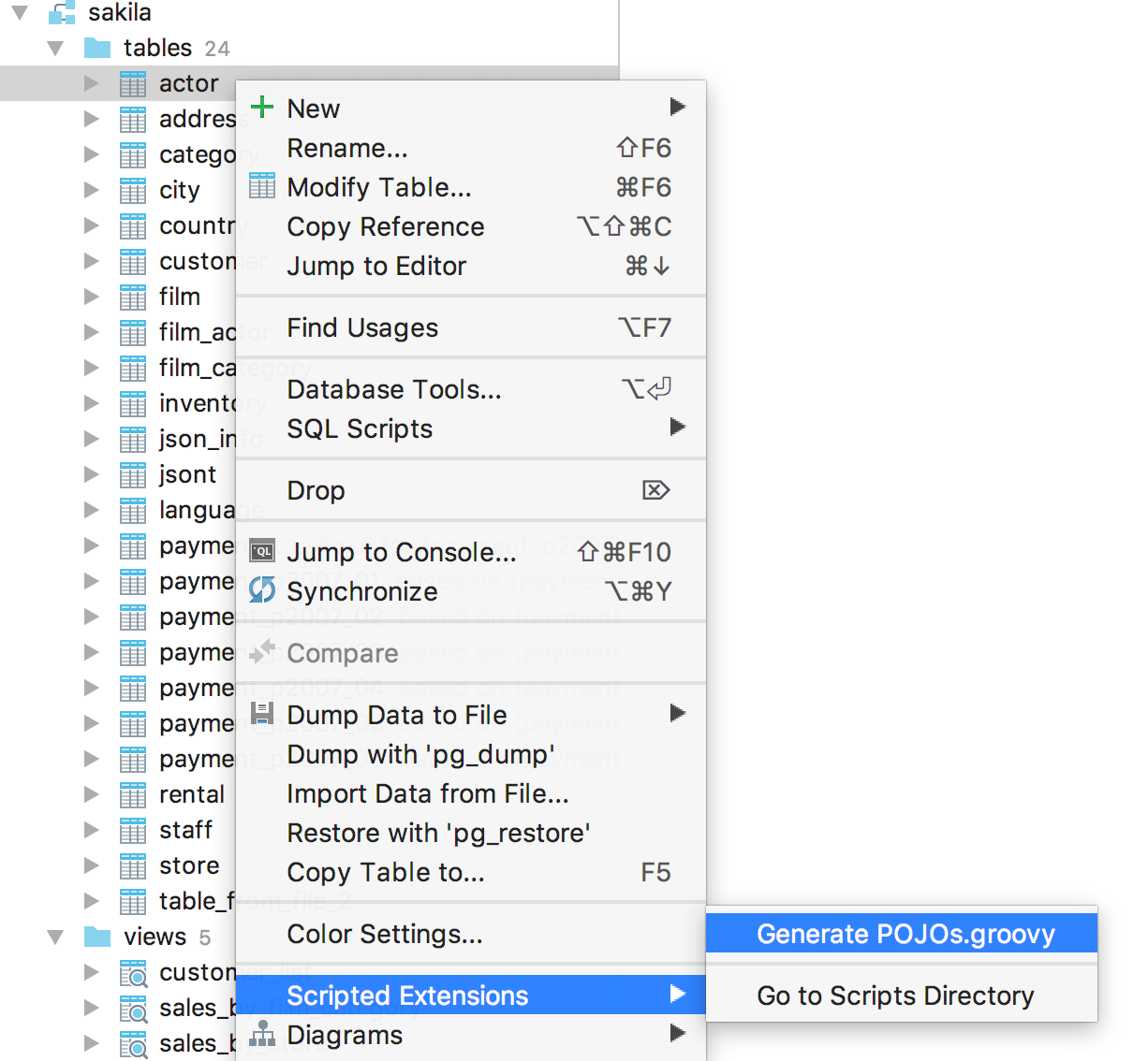 Generate simple classes from database objects in DataGrip | The