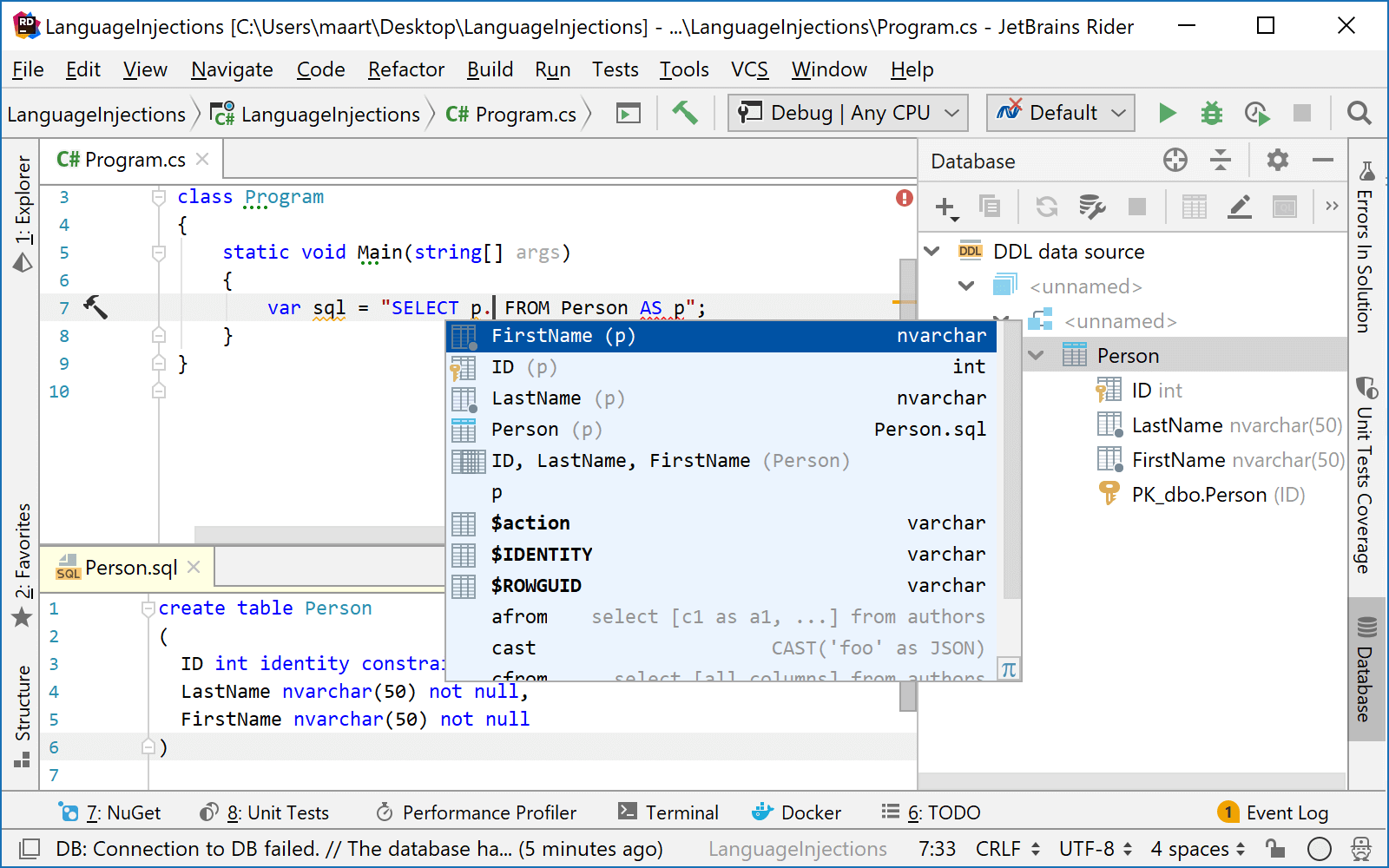 SQL inside C strings, fragment editor, run query in console Language