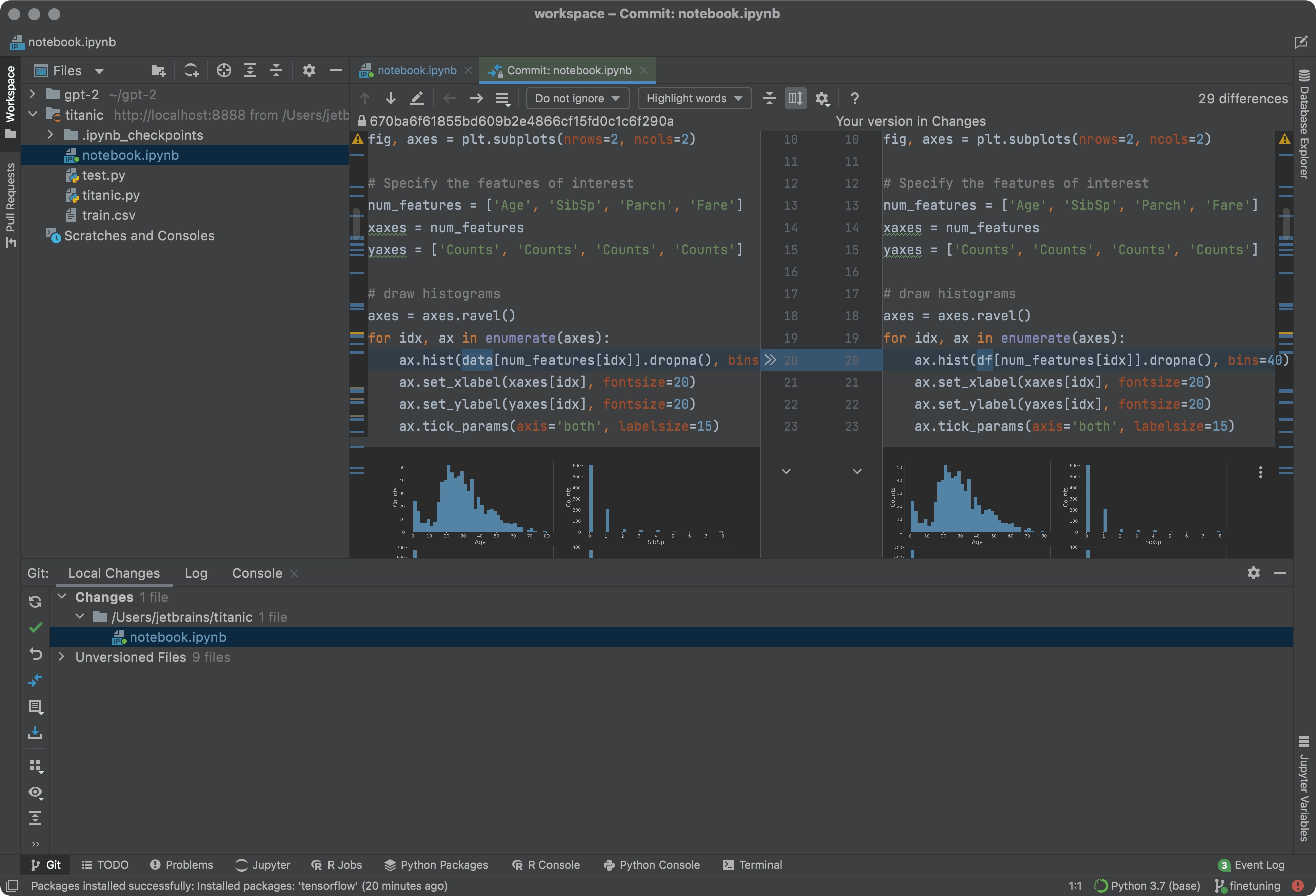DataSpell EAP 19 Jupyter Variables, Workspace Interpreters, Diff for