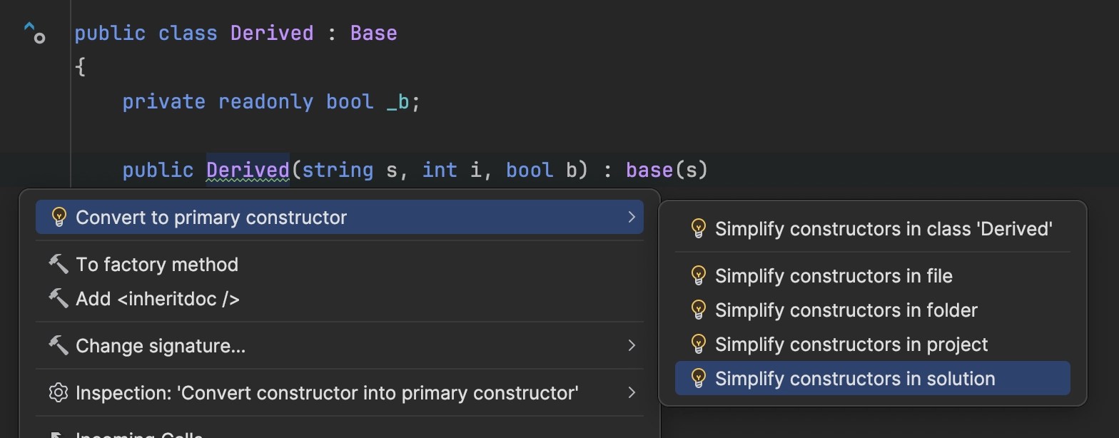 Primary Constructors Using C 12 in Rider and ReSharper The