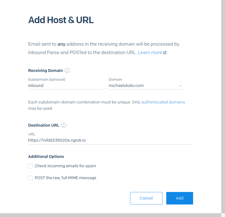 Inbound Parse webhook settings
